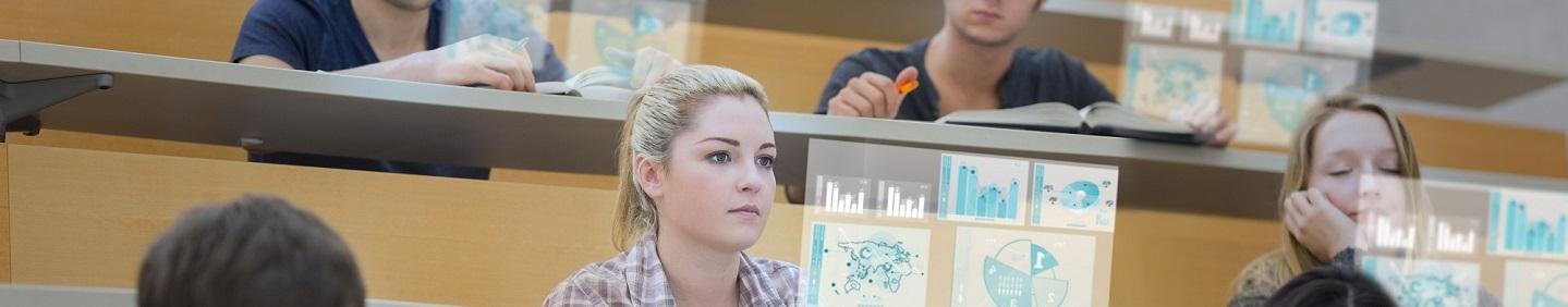 Students in lecture hall with virtual screens